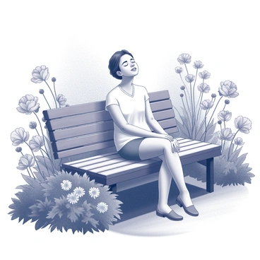 A person sitting on a wooden bench in a garden. The individual appears relaxed, with their eyes closed, as they enjoy the fresh air. Surrounding the bench are various types of blooming flowers with intricate petals and detailed leaves. The garden is lush and vibrant, with greenery filling the background. Sunlight filters through the foliage, creating dappled patterns on the ground. The atmosphere conveys a sense of tranquility and connection with nature.