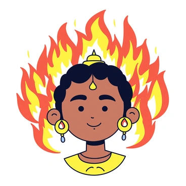 A close-up illustration of "Durga's face" with prominent facial features including adorned eyes and a serene expression. Surrounding her face is an aura of "sacred fire," depicted with vibrant orange and yellow flames that flicker outward. The flames have a smooth, flowing shape, creating a contrast with the details of her face. There are subtle hints of "purification" represented by soft glowing embers within the fire. Her hair is styled in traditional fashion, and she wears ornate jewelry that glistens against the warm tones of the fire.