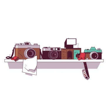 A white shelf is lined with a collection of various cameras, showcasing both vintage and modern designs. On the left side, there is a classic brown leather-bound camera with a large lens and a silver flash, accompanied by an old-fashioned black camera with a wooden body. In the center, a sleek black modern camera sits next to a vibrant red compact camera. On the right side, there is a teal camera with a wide-angle lens, completing the diverse collection. The shelf is adorned with small decorative items, including a vintage film reel and a soft white cloth draped in front of the cameras.