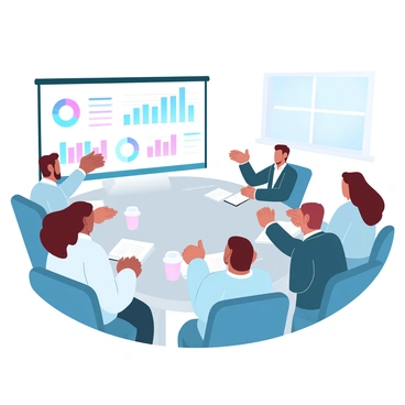 A group of investors is gathered in a conference room, focused intently on a large screen displaying financial graphs and charts. The investors are a diverse group, including men and women of varying ethnicities. They are seated around a table cluttered with laptops, notebooks, and coffee cups. The large screen shows colorful pie charts and bar graphs, illustrating trends in the market. The room is well-lit, with modern decor and a large window allowing natural light to filter in.