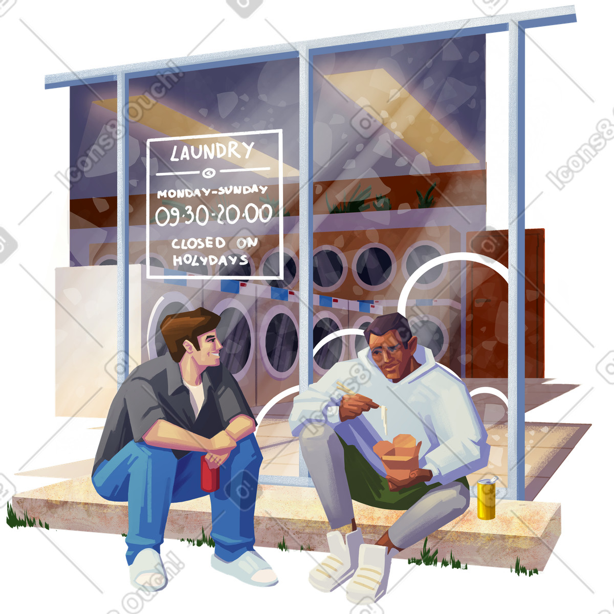 Men eating street food near laundromat illustration in Lush style download in PNG, SVG