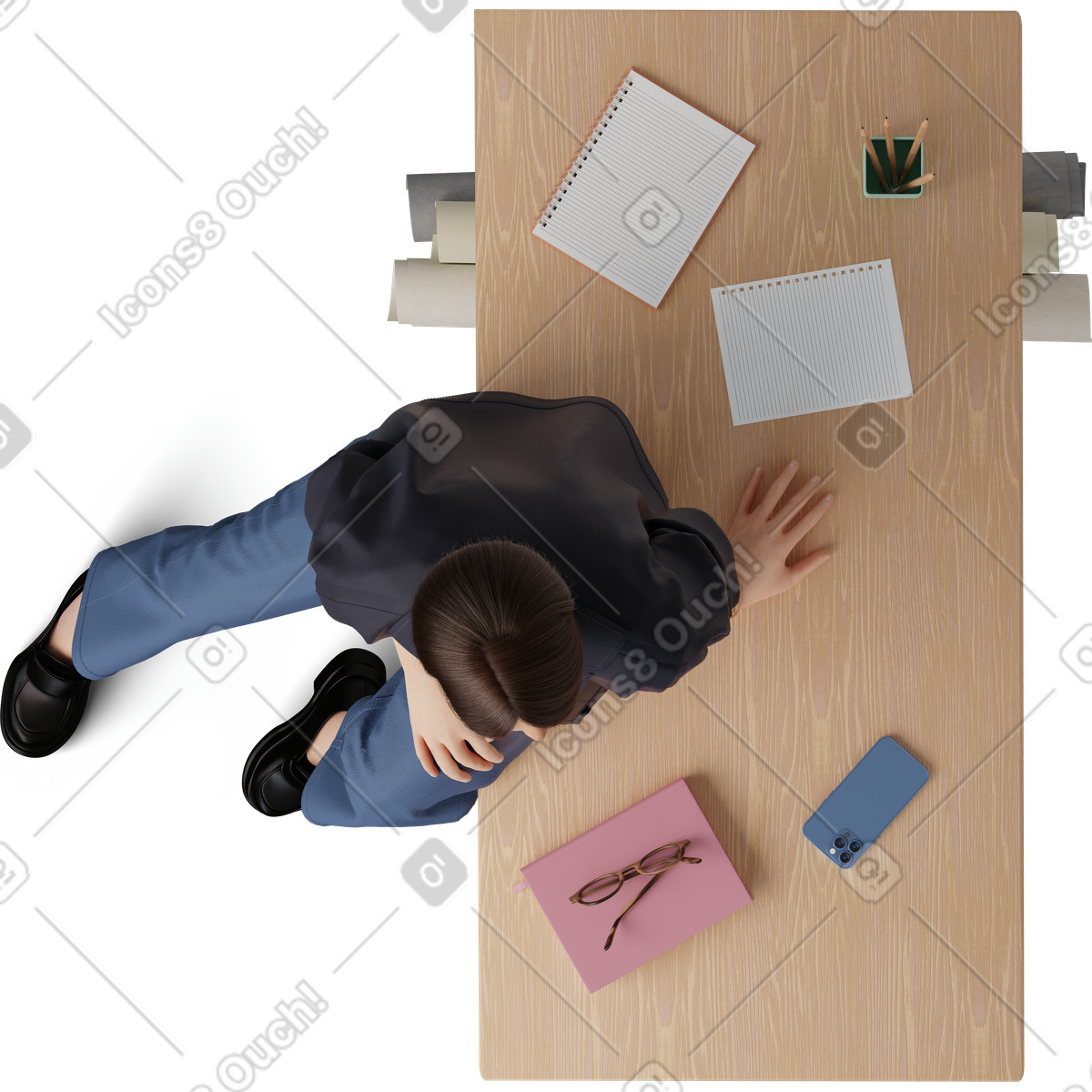 Illustration Top view of young woman sitting on coffee table dans le style 3D Hygge à télécharger aux formats PNG, SVG