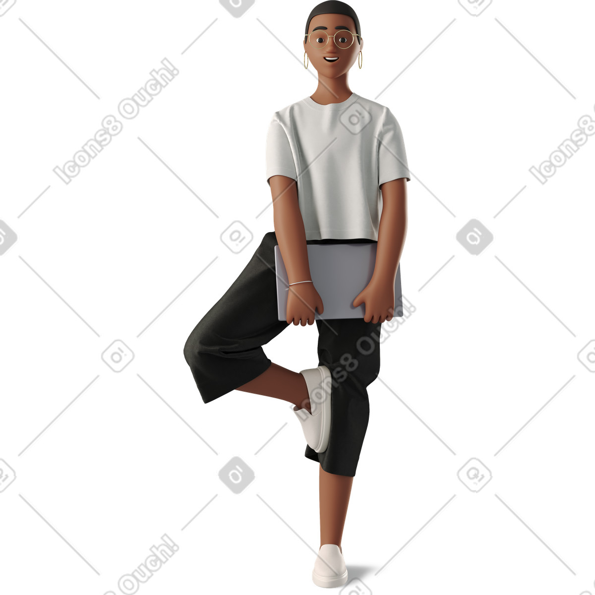 Ilustración Young woman standing with laptop en estilo 3D Business a descargar en PNG y SVG