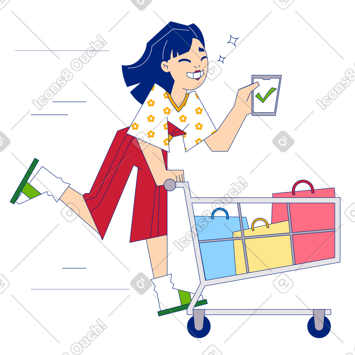 Ilustración Mujer corriendo con carrito de compras una lista verificación en estilo Neo-Sakura a descargar en PNG y SVG