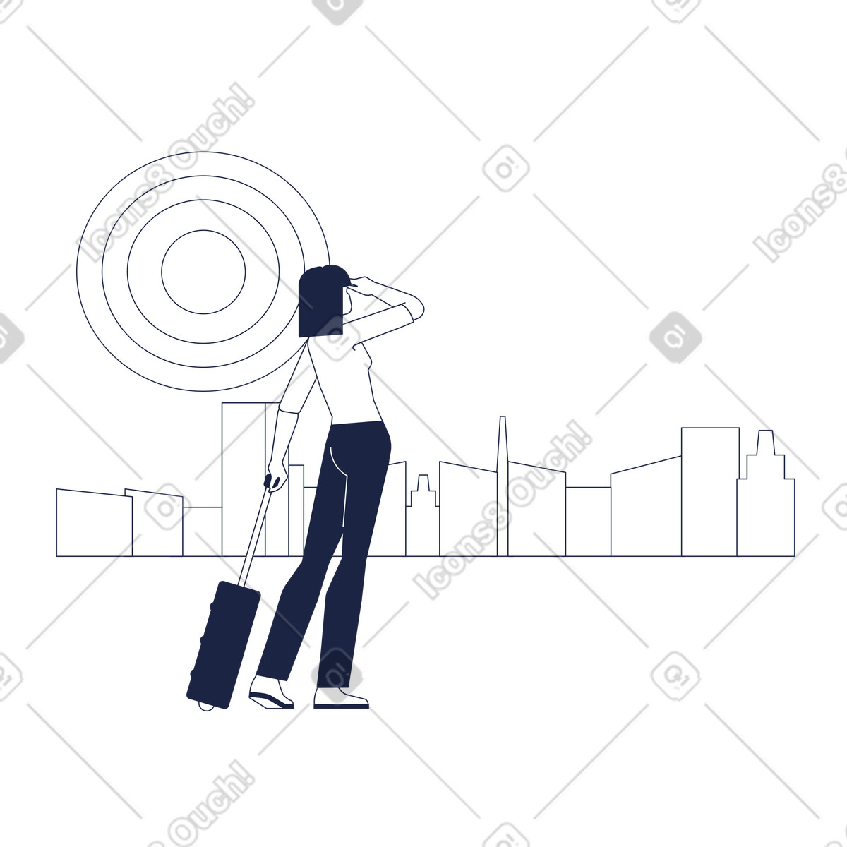 Reisender mit gepäck und fliegendem flugzeug-Illustration im Urban Line-Stil als Download in PNG, SVG