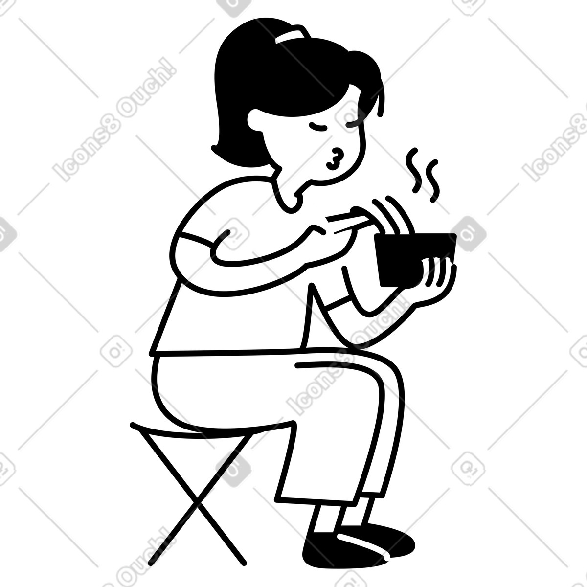 下载 Notion Line Art 风格的 Person eating noodles while sitting and enjoying 插画，支持 PNG、SVG 格式