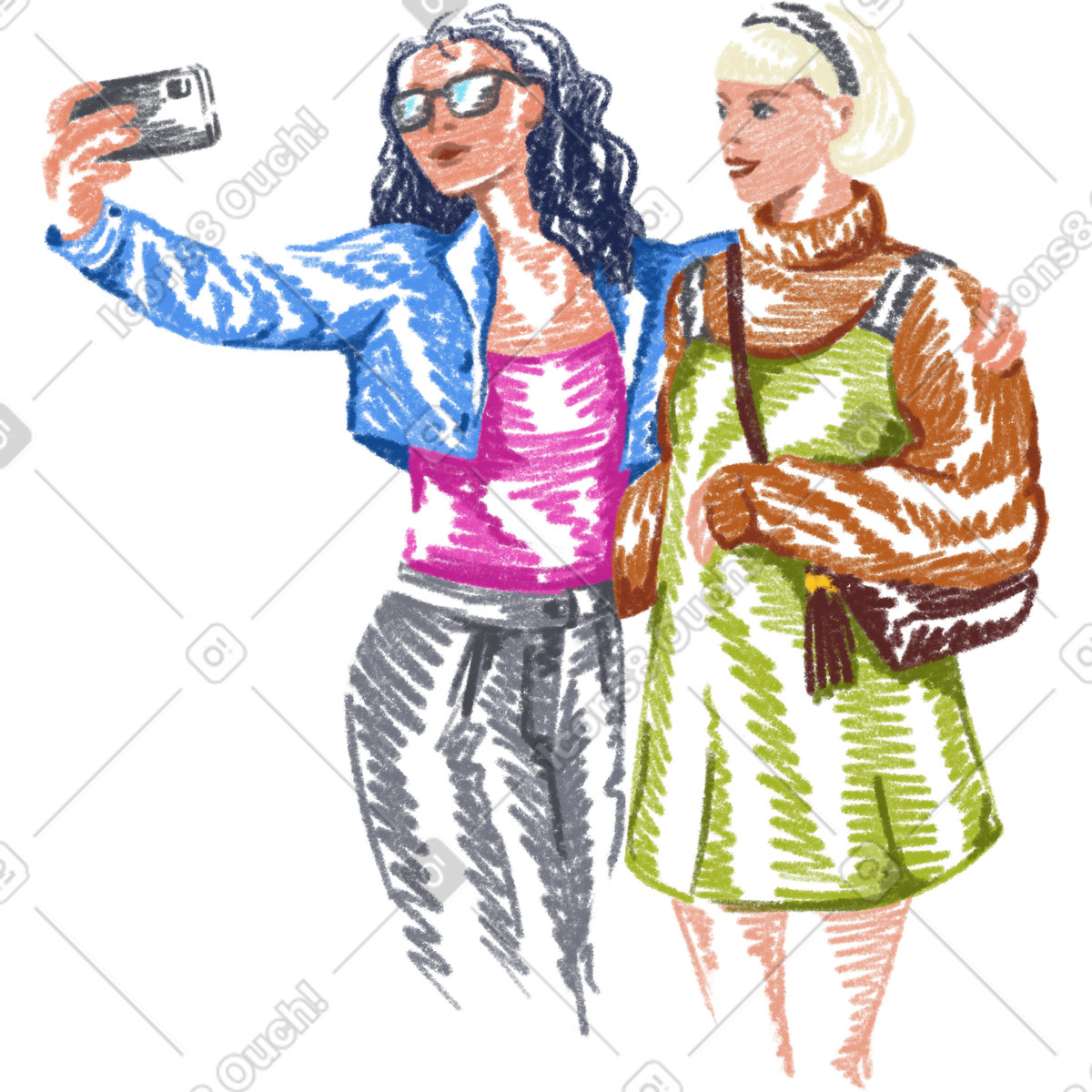 Donne che si fanno selfie illustrazione in stile Sketchbook scarica in PNG, SVG