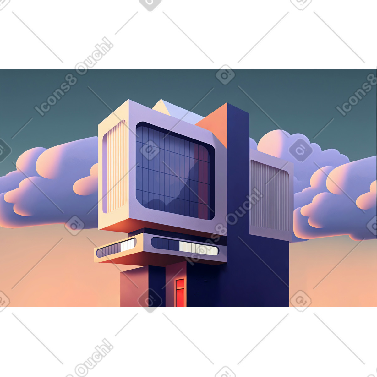 3D cartoon futuristic building illustration in Experimental style download in PNG, SVG