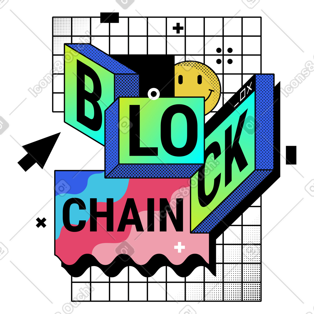 Blockchain lettering on a grid illustration in PNG, SVG