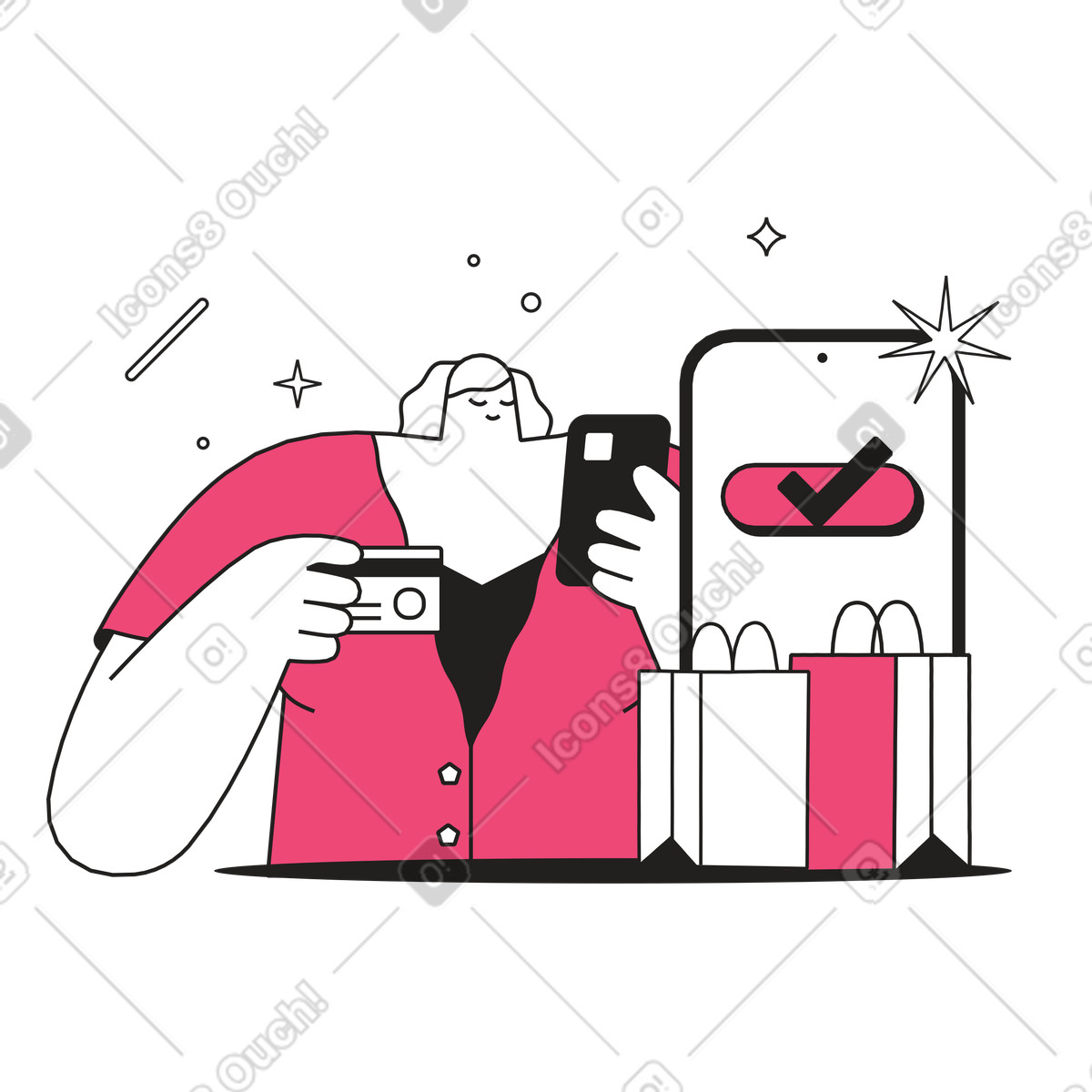 下载 Dazzle Line 风格的 Online shopper completing purchase via mobile phone, e-commerce checkout process 插画，支持 PNG、SVG 格式