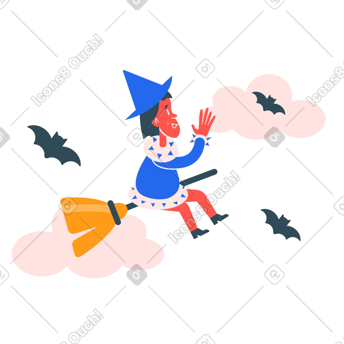 Ilustração de Bruxinha voando em uma vassoura através das nuvens com morcegos no estilo Kingdom para baixar PNG, SVG