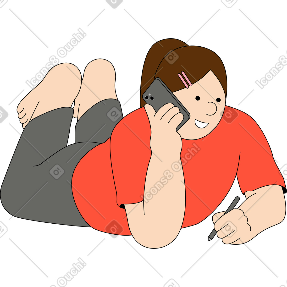 Junge frau liegt und telefoniert-Illustration im Kindy-Stil als Download in PNG, SVG