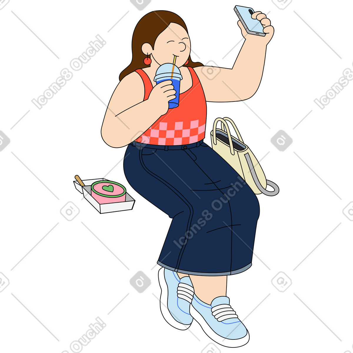Celebrating life’s moments and taking selfie with a cold drink illustration in Kindy style download in PNG, SVG