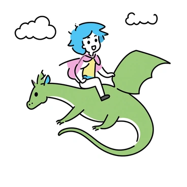 A young anime character with bright blue hair and large expressive eyes is riding on the back of a green dragon. The dragon has smooth scales, friendly features, and large wings spread wide as it soars through a clear sky. The character is wearing a colorful outfit with a flowing cape, and is smiling joyfully, enjoying the view. Fluffy white clouds are scattered across the sky, adding depth to the scene.