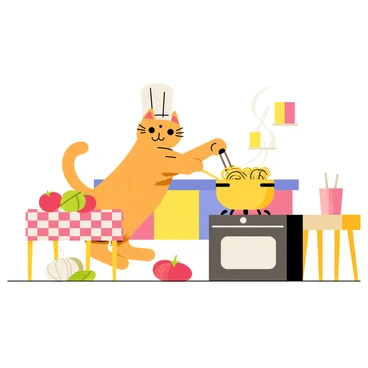A cartoon-style illustration of a cat wearing a tall white chef hat, standing on its hind legs, stirring a pot of boiling spaghetti on a small stove. The tiny kitchen features colorful cabinets and a checkered tablecloth on a small table. There are ingredients scattered around the kitchen, including tomatoes, basil leaves, and garlic. A playful expression is visible on the cat's face as it focuses on cooking, with steam rising from the pot creating a lively atmosphere.