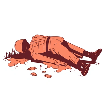 An orange old toy soldier, covered in dust, is lying on the ground. The soldier's paint is chipped, and its posture is slightly slumped, conveying a sense of neglect. Surrounding the soldier are scattered leaves and bits of grass, enhancing the feeling of abandonment. Soft shadows are cast on the ground, emphasizing the toy's worn-out appearance. A hint of sunlight breaks through the trees, illuminating the soldier in a stark contrast against the earth tones of the ground.