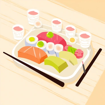 A sushi platter arranged on a wooden table with a variety of sushi pieces, including salmon nigiri, tuna rolls, and avocado maki. The platter is garnished with wasabi and pickled ginger. Surrounding the platter are small white cups filled with chilled sake, some cups have decorative designs. A pair of chopsticks rests beside the platter, ready for use. The setting is well-lit, highlighting the colors and details of the sushi.
