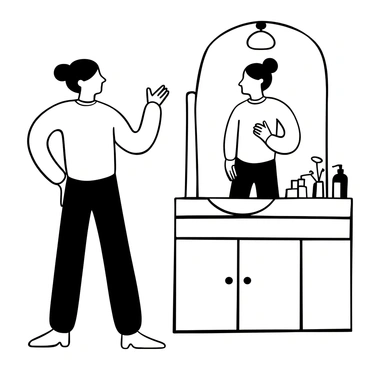 A person standing in front of a bathroom mirror, rehearsing their speech. They are dressed in a simple shirt and appear focused, with their body positioned slightly to the side. The person is making exaggerated hand gestures, emphasizing their points as they speak. The bathroom is equipped with a sink and toiletries arranged on the counter. The mirror reflects the person and the surrounding bathroom details.