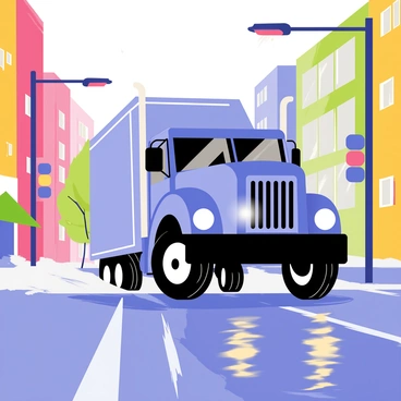 A large blue truck driving through a city street during rain. The truck's headlights are on, casting a bright glow. Raindrops are falling from the gray sky, creating ripples in puddles on the wet pavement. The street is lined with colorful buildings, their facades reflecting off the slick surface of the road. Traffic lights illuminate the scene with red and green hues. The atmosphere is dynamic, capturing the movement of the truck as it navigates through the rainy urban environment.