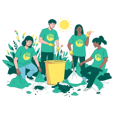 A teal group of scholarship recipients is actively participating in a community clean-up event. They are wearing matching yellow shirts with the logo of the scholarship program. Each individual is engaged in various tasks, such as picking up litter, planting flowers, and placing bags into a yellow recycling bin. The scene includes a few individuals using gloves to collect trash on the ground, while others are holding tools for planting. There are colorful flowers in the background, and the sun shines brightly, illuminating the teamwork and dedication of the group.