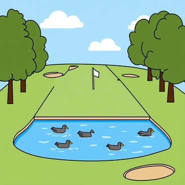 A challenging golf hole set in a vibrant green landscape. The fairway is narrow and lined with sand traps on either side. A large blue water hazard stretches across the middle of the hole, reflecting the sky. Several ducks are swimming peacefully on the water's surface, creating gentle ripples. The surrounding area features tall, lush trees providing shade, and a clear blue sky overhead is dotted with fluffy white clouds. A flag is positioned at the end of the hole, fluttering slightly in the breeze.