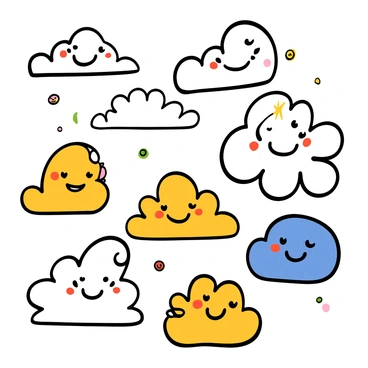 A collection of playful clouds in various shapes and sizes, each cloud has a whimsical design, featuring curves and swirls. Some clouds are fluffy and round, while others are elongated and stretched. The clouds display friendly faces with big eyes, smiling and showing expressions of joy and playfulness. They are outlined in bold line art, creating a clear and distinct view of each cloud's unique form. The arrangement of clouds varies, with some overlapping and others spaced apart, creating a lively and dynamic composition.