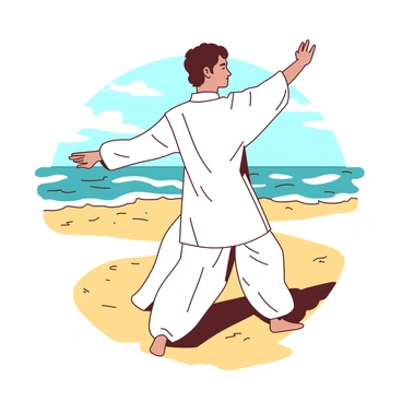 A person dressed in a flowing white outfit is performing tai chi on a sandy beach. The individual stands in a balanced posture, with one arm extended gracefully to the side and the other drawn back. The sand is a warm golden color, and the waves are gently crashing onto the shore, creating a serene rhythm. In the background, the sky is clear with a few wispy clouds, and the sunlight casts soft shadows on the sand, enhancing the tranquil atmosphere of the scene.