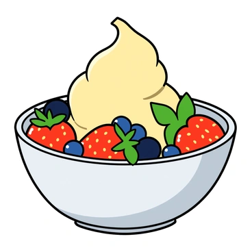 A round ceramic bowl filled with smooth, creamy banana ice cream. The ice cream has a pale yellow color and is piled high in the center of the bowl. On top of the ice cream, there are several vibrant, fresh berries including bright red strawberries, plump blueberries, and small blackberries scattered artfully. Nestled among the berries are a few bright green mint leaves, adding a pop of color and a fresh touch. The bowl is placed on a simple white surface, highlighting the colorful toppings.