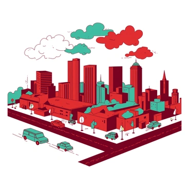 A red cityscape filled with buildings of different shapes and sizes. The buildings are painted in various shades of teal, creating a vibrant skyline. Some structures have angular designs while others are rounded, adding diversity to the scene. The foreground includes a busy street with small teal vehicles moving along. Above, there are clouds painted in a mix of red and teal, giving the sky depth and dimension.