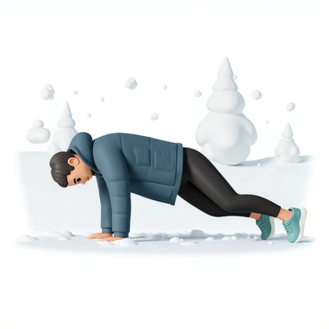 A person performing a plank exercise on a snowy landscape, wearing a dark blue insulated jacket, black leggings, and bright green running shoes. The person is positioned on a thick, white blanket of snow, with frost glistening on their gear. Snowflakes gently fall around them, creating a wintery atmosphere. The person's focused expression shows determination as they maintain the plank position, with their body straight and arms supporting their weight. In the background, a few snow-covered trees are visible, contributing to the serene winter scene.