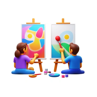 Two illustrators positioned side by side, focused intently on a large canvas. One illustrator is using vibrant colors and bold brush strokes, while the other employs delicate lines and soft pastels. Each artist's section of the canvas reflects their unique style, creating a blend of vivid and subtle elements. Palettes, brushes, and paint tubes are scattered around them, contributing to a creative and collaborative atmosphere. The scene captures their concentration and artistic synergy as they bring their vision to life.