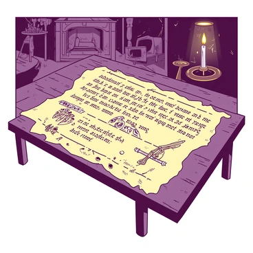 An ancient scroll is unfurled on a wooden table, revealing intricate illustrations and calligraphy telling the lore and legend of the "hand of glory." The scroll features detailed images of a gnarled, skeletal hand holding a lit candle, surrounded by mystical symbols and patterns. The edges of the scroll are worn and frayed, with a faint yellow hue highlighting the parchment. In the background, there is a soft, shadowy silhouette of a dimly lit room filled with ancient artifacts, enhancing the mysterious atmosphere surrounding the scroll.