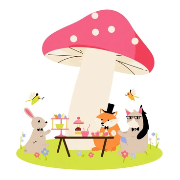 A whimsical tea party taking place under a giant mushroom. A group of animals, including a rabbit with a top hat, a fox wearing glasses, and a hedgehog with a bowtie, are seated around a small wooden table. The table is set with colorful teacups, a tiered cake stand filled with pastries, and a pot of steaming tea. Fairies with delicate wings flutter around, some hovering near the animals while others are perched on the edges of the table. The giant mushroom has a vibrant red cap with white spots, casting a cozy shade over the scene. Surrounding the mushroom, there are blooming flowers and soft green grass, adding to the enchanting atmosphere.