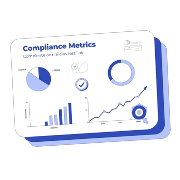 A presentation slide features infographics explaining compliance metrics. The slide has a large title area at the top with the words "Compliance Metrics" in bold lettering. Below the title, there are several charts and graphs. One chart displays a pie chart illustrating compliance percentages divided into segments. Another graph shows a line graph tracking compliance trends over time, with clear labels along the axes. There are also icons representing various compliance categories, such as a checklist, a magnifying glass, and a shield. The background of the slide is simple to emphasize the content.