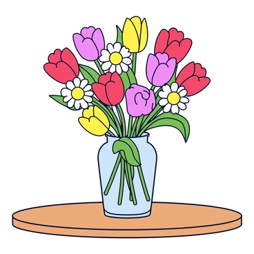 A still life arrangement featuring assorted flowers including tulips, daisies, and roses. The flowers are vibrant and varied in color, with shades of red, yellow, and pink. They are arranged in a clear glass vase that allows the stems to be visible. The vase sits on a wooden table that has a natural finish, complementing the colors of the flowers.
