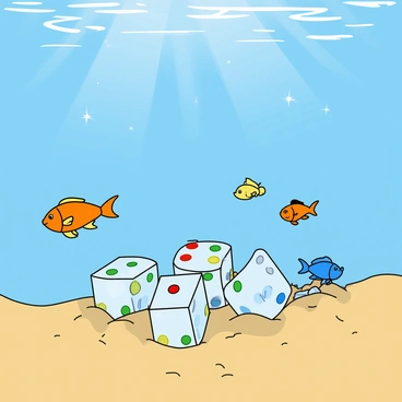 A set of six translucent dice with colorful spots is partially submerged in a clear blue ocean. The dice are sinking slowly into the sandy ocean floor, casting soft shadows on the ground below. Surrounding the dice are several small, vibrant fish in shades of orange, yellow, and blue. The fish swim playfully around the dice, their fins fluttering gently in the water. Sunlight filters through the surface, creating dappled patterns on the ocean floor and adding a sparkle to the scene.