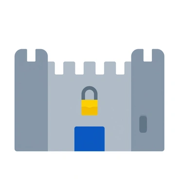 A fortified data warehouse with digital locks and virtual security guards