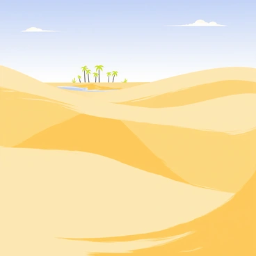 A vast desert landscape features rolling, towering sand dunes that create a wavy texture across the scene. The dunes have shades of golden-yellow and light brown, reflecting the bright sunlight. In the distance, a shimmering mirage of an oasis is visible, depicting a cluster of palm trees and a small pond. The sky above is a clear blue with a few wispy clouds. A gentle breeze appears to stir the sand at the base of the dunes, adding movement to the tranquil environment.