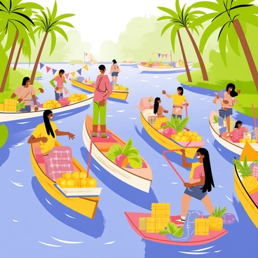 A colorful floating market on the Amazon River filled with vendors in small wooden boats. Each boat is laden with vibrant goods, including fresh fruits like bananas, mangos, and pineapples, arranged in an eye-catching manner. Some boats feature handmade crafts such as woven baskets and colorful textiles displayed prominently. The river is surrounded by lush green foliage, with tall palm trees and tropical plants adding to the scenery. Sunlight reflects off the water, creating a lively atmosphere as customers engage with the vendors. Brightly colored flags flutter above some boats, enhancing the festive feel of the market.