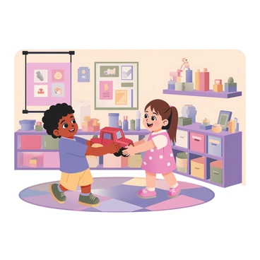 Two children are engaged in a joyful exchange of toys in a vibrant playroom. On the left, a boy with curly black hair is wearing a blue t-shirt and yellow shorts. He is handing a red toy truck to a girl on the right, who has straight brown hair tied in a ponytail. She is wearing a pink dress with white polka dots and is smiling brightly. The playroom is filled with an array of colorful toys, including building blocks, stuffed animals, and a small table with art supplies. The walls are painted in bright colors, and there are cheerful posters featuring cartoon characters. A soft, multicolored rug covers the floor, adding to the playful atmosphere.