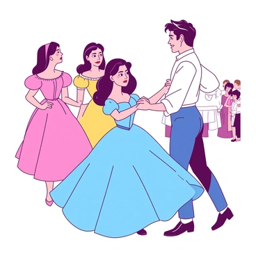 Two stepsisters with contrasting outfits are standing off to the side, their expressions filled with envy as they watch Cendrillon dancing with the prince. The first stepsister has a pink gown adorned with ruffles and a frustrated frown, her hands clenched tight. The second stepsister wears a yellow dress with puffed sleeves, her eyes narrowed and mouth turned down. In the center, Cendrillon twirls gracefully in a beautiful blue ball gown, her hair elegantly styled, as the prince, dressed in a crisp white shirt and blue trousers, holds her hand with a charming smile. The atmosphere is lively, with other guests around them enjoying the dance.