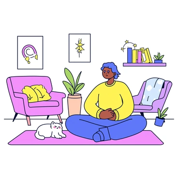 A person sitting cross-legged on a soft, plush mat in a cozy room. They are wearing comfortable, loose-fitting clothing and have their eyes closed in meditation. Beside them sits a small, fluffy cat with white fur, relaxing peacefully. The room has warm, gentle lighting, and a few houseplants are placed around, adding a touch of greenery. On the wall hang a couple of minimalist art pieces, enhancing the tranquil atmosphere. A small bookshelf in the corner is filled with various books, and a cozy throw blanket is draped over a nearby chair.