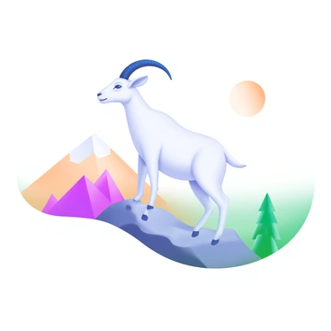 A mountain goat designed using minimal lines and geometric shapes. The goat is depicted standing on a rocky outcrop with its horns prominently curved. Its body is formed with smooth, clean lines, emphasizing its agile posture. There are a few stylized peaks in the background, suggesting a mountainous environment. The color palette is limited to soft pastels, with a focus on whites, grays, and light browns, creating a serene and modern visual composition.