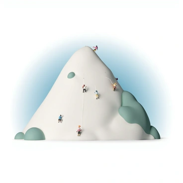 A large mountain, resembling a breast in shape, towers against a clear blue sky. The mountain has smooth, rounded contours and is partially covered with green vegetation. Several climbers are depicted scaling the mountain, dressed in colorful climbing gear, with ropes and gear visible. One climber is near the peak, reaching out towards the summit, while others are positioned at various points along the slope, focused on their ascent. The scene captures the challenge and determination of the climbers as they navigate the mountain's surface.