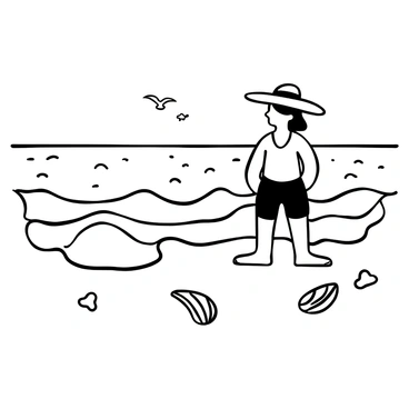 A girl wearing a "straw hat" is standing on the shore of a beach. She is dressed in a "vibrant swimsuit." The waves gently wash up at her feet, and a few seashells are scattered in the sand around her. In the background, there are distant silhouettes of seagulls flying above the water. The scene captures the essence of a sunny day at the beach.