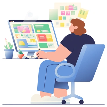 A designer with light skin and brown hair is focused on creating a webpage layout on a large computer screen. The designer is wearing a black t-shirt and blue jeans, sitting in a modern office chair. The screen displays a colorful interface with various sections, buttons, and images being arranged. There is a sketchbook with pencil sketches on the desk beside the laptop, along with a cup of steaming coffee. The workspace is decorated with indoor plants and a small succulent on the corner of the desk. A colorful array of post-it notes is pinned to the wall behind the designer, adding to the creative atmosphere.