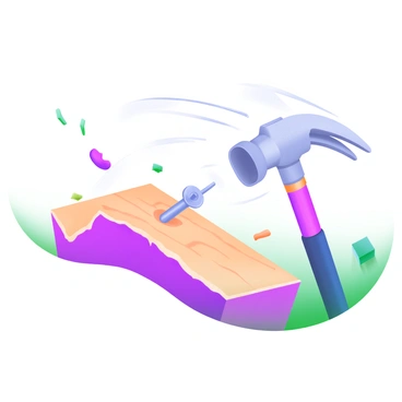 A modern pastel illustration depicting a "hammer" in mid-swing, striking a "nail" that is partially embedded in a "piece of wood." The hammer is shown with motion lines to emphasize the "force" of the swing, creating an energetic dynamic. The wood has visible grain patterns and a slightly splintered area around the nail, highlighting the impact. Surrounding the scene are small particles and splinters, suggesting the intensity of the action. The background features soft pastel colors that complement the main elements.