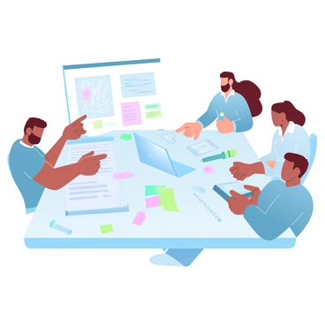 A group of four people is gathered around a large table covered with various sketches, notes, and design materials. Each person is engaged with the content on the table. One person is pointing at a sketch, while another is taking notes on a notepad. The third individual is holding a colored marker, ready to make suggestions, and the fourth is leaning over the table, studying the designs intently. Colorful sticky notes are scattered across the table, along with pencils and a laptop displaying a design program. The atmosphere is focused and collaborative.