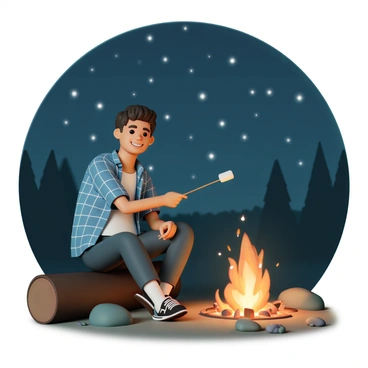 A young man, wearing a blue flannel shirt and dark jeans, is sitting relaxed on a log next to a campfire. He is holding a long stick with a marshmallow roasting over the flames. The fire casts a warm glow on his face, highlighting his content smile. The night sky above is filled with bright stars twinkling in the darkness. Surrounding the campfire are a few scattered rocks and the silhouette of trees in the background.