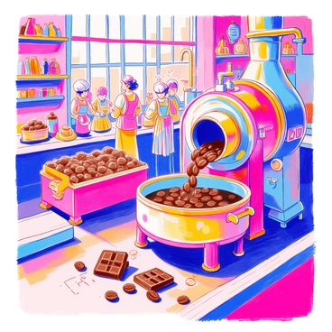 A whimsical chocolate factory with cocoa beans being processed into bars
